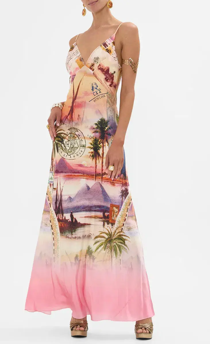Camilla V Neck Full Length Bias Slip Dress Millas Got Mail Print Size L / AU 14 for rent on The Volte - main image