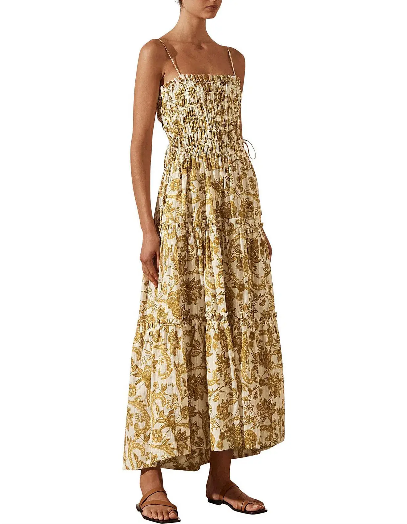 Shona Joy Saffron Shirred Tiered Midi Dress Floral Print Size AU 14  - Image 1