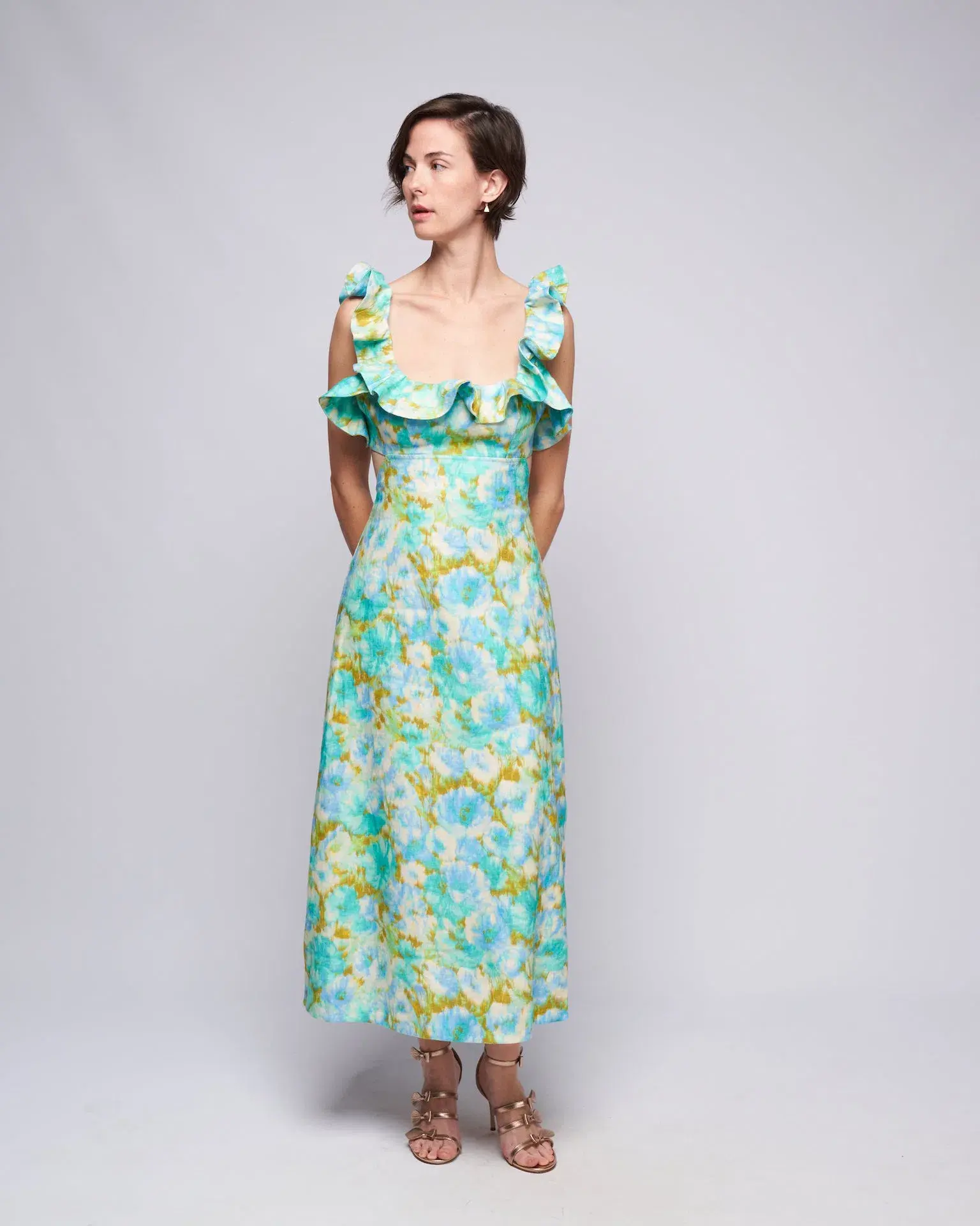 Zimmermann High Tide Frilled Midi Dress Aqua Ikat Floral Size 4 / AU 16 - Image 1