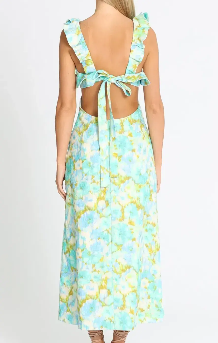 Zimmermann High Tide Frilled Midi Dress Aqua Ikat Floral Size 4 / AU 16 - Image 2