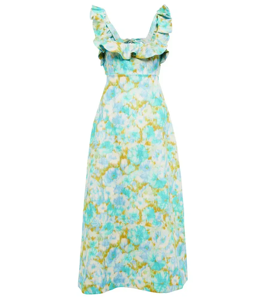 Zimmermann High Tide Frilled Midi Dress Aqua Ikat Floral Size 4 / AU 16 - Image 3