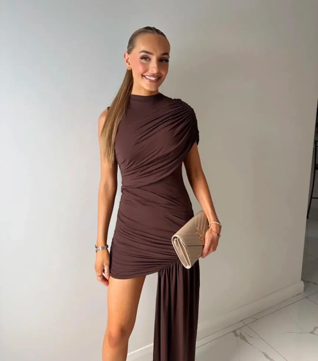 De La Vali Ravenna Draped Jersey Mini Dress Brown Size 8 for rent on The Volte - main image