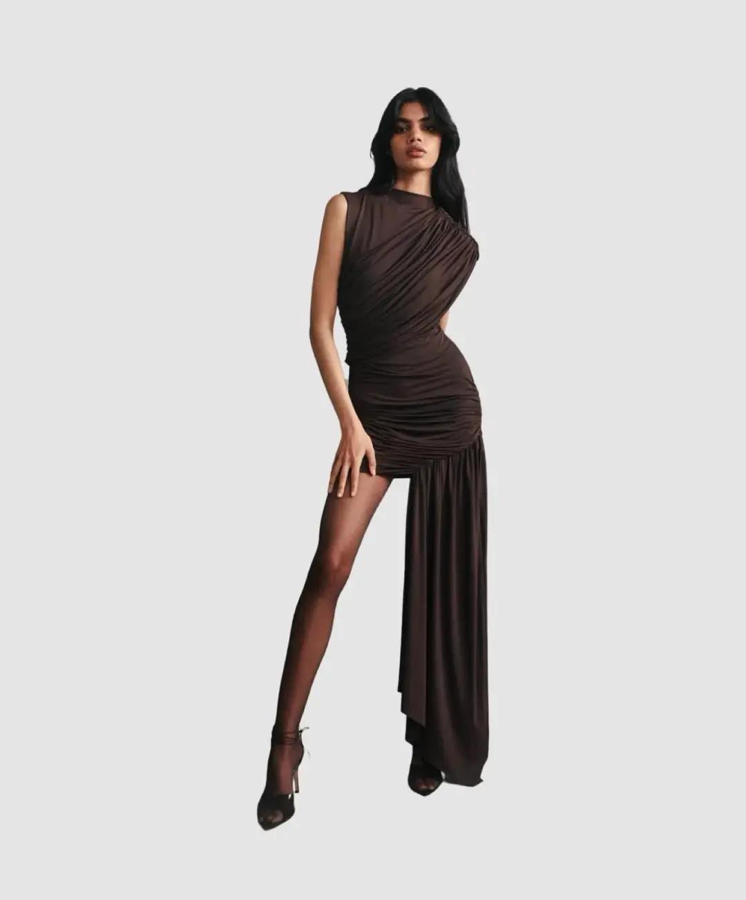 De La Vali Ravenna Draped Jersey Mini Dress Brown Size 8 for rent on The Volte - main image