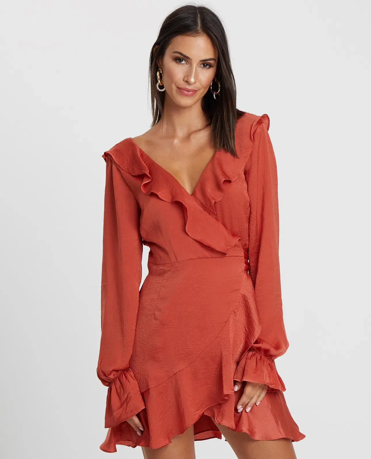 Tussah Burnt Orange Frill Wrap Mini Dress size 16 - Image 1
