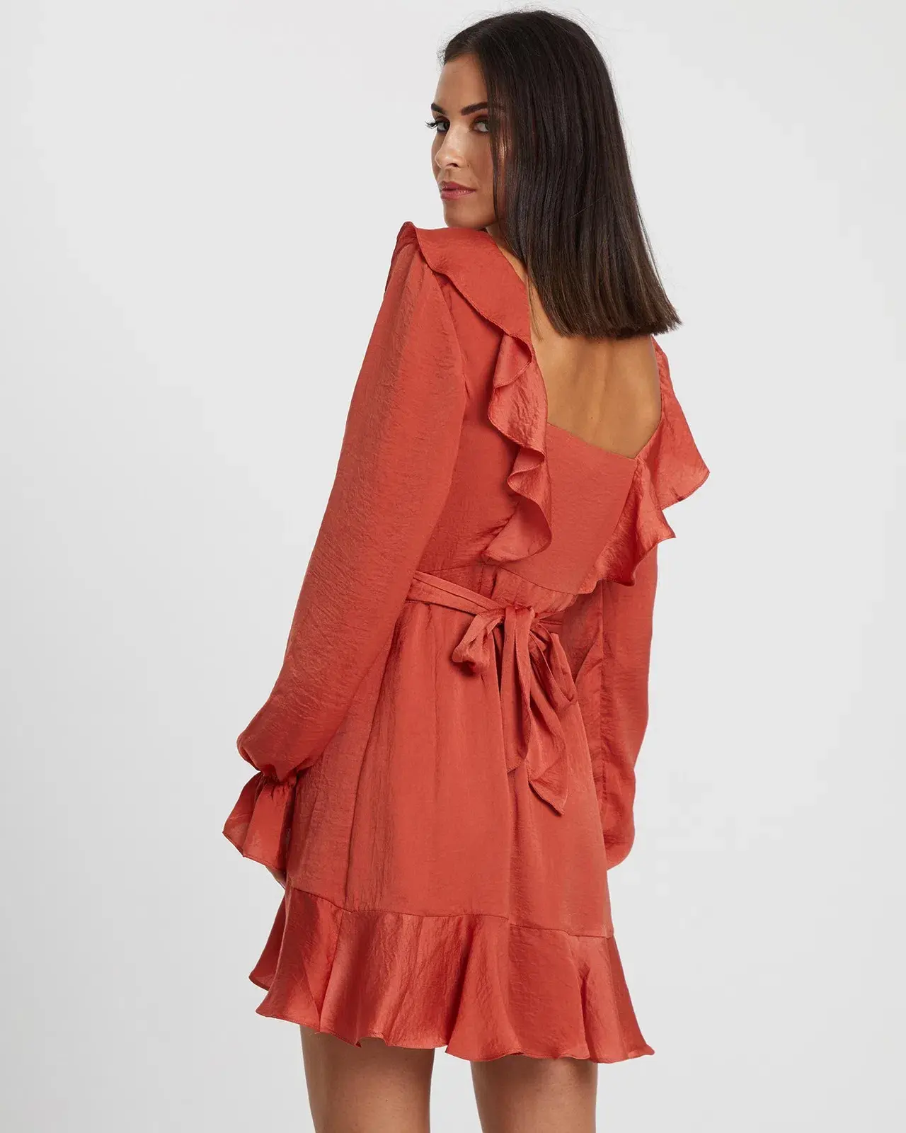 Tussah Burnt Orange Frill Wrap Mini Dress size 16 - Image 2