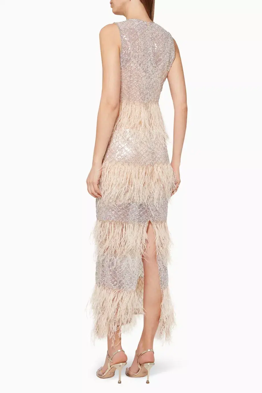 Rachel Gilbert Feathered Maxi Dress Beige Size 6 - Image 3