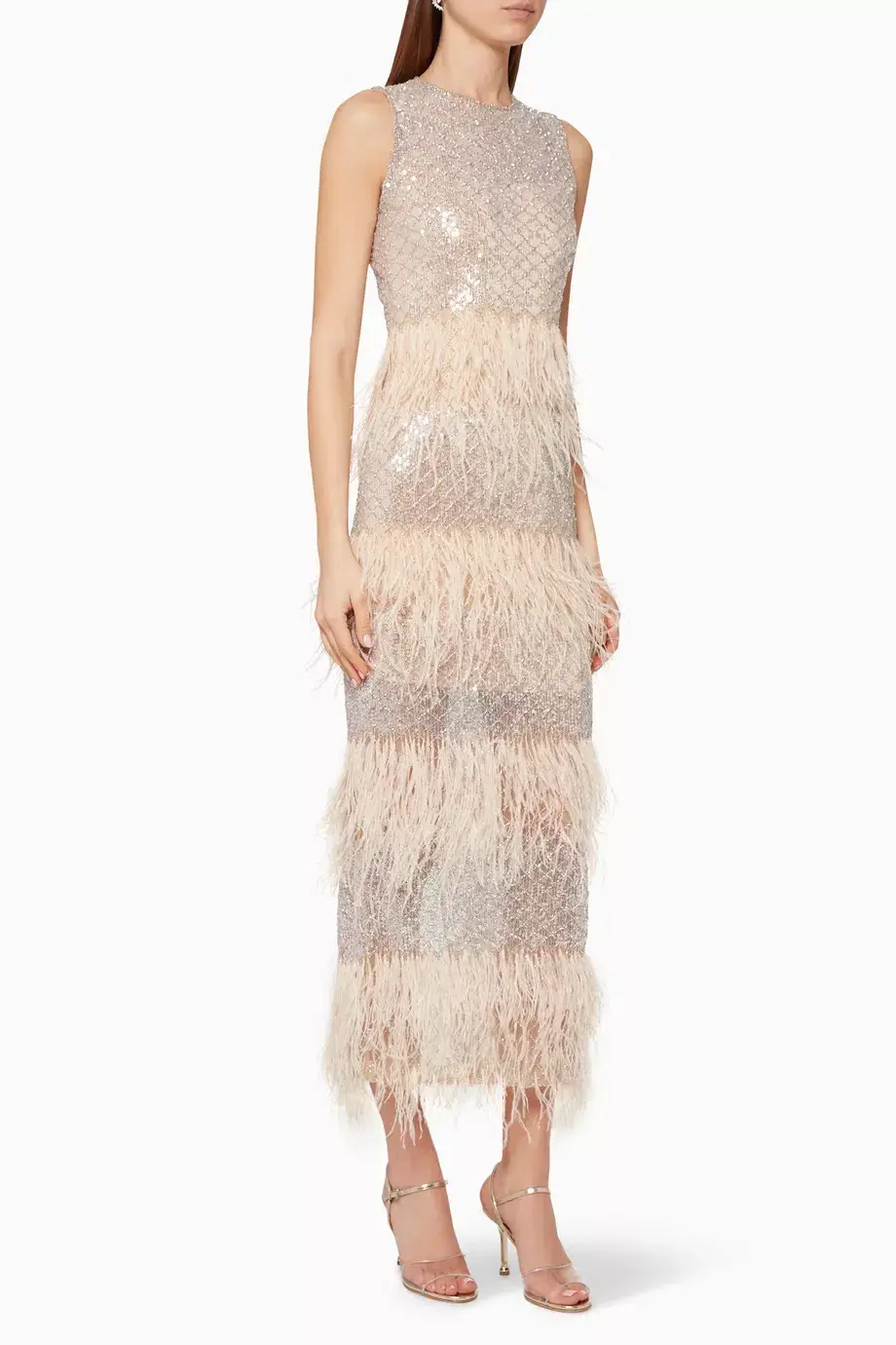 Rachel Gilbert Feathered Maxi Dress Beige Size 6 - Image 6