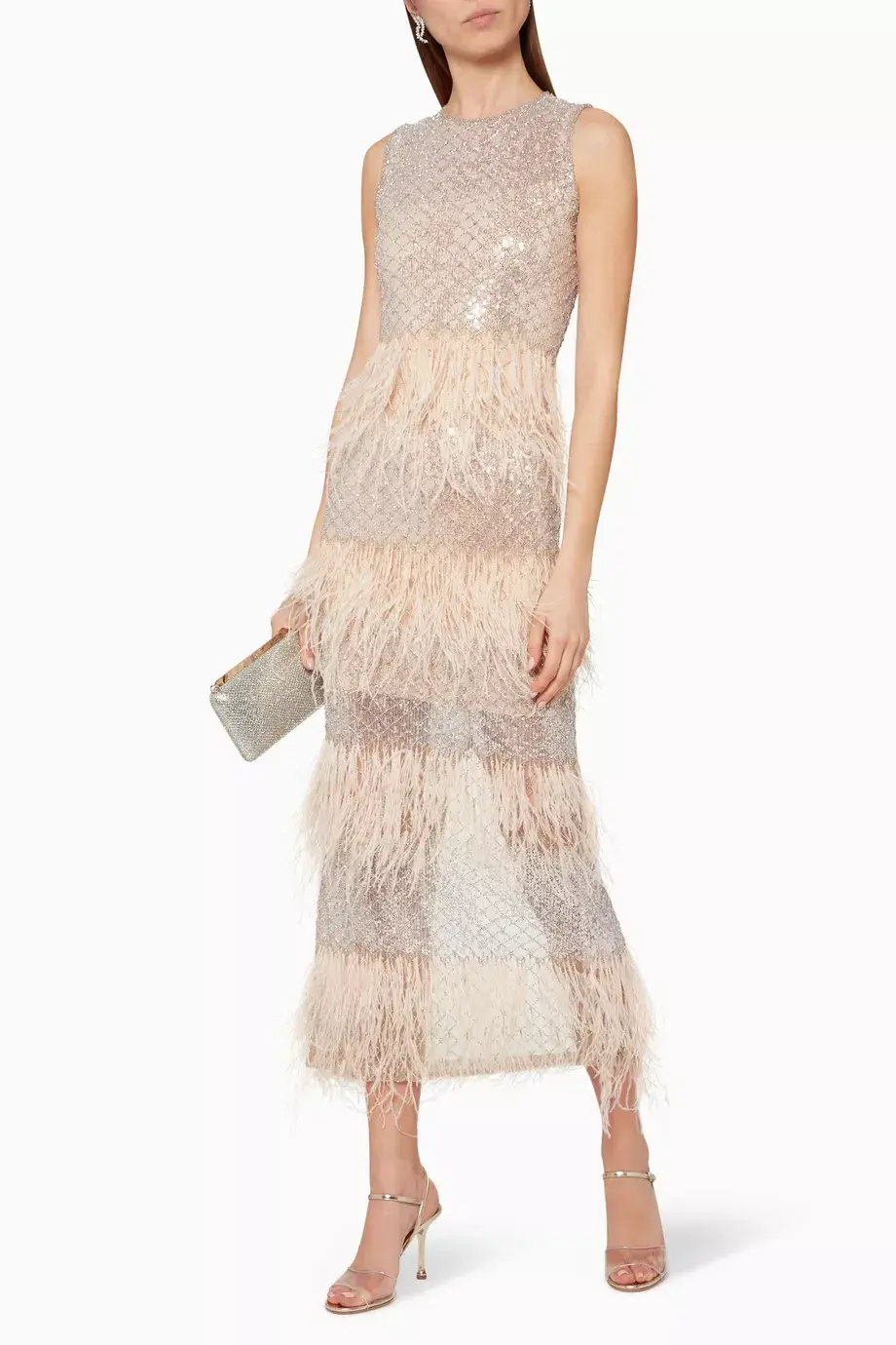 Rachel Gilbert Feathered Maxi Dress Beige Size 6 - Image 5
