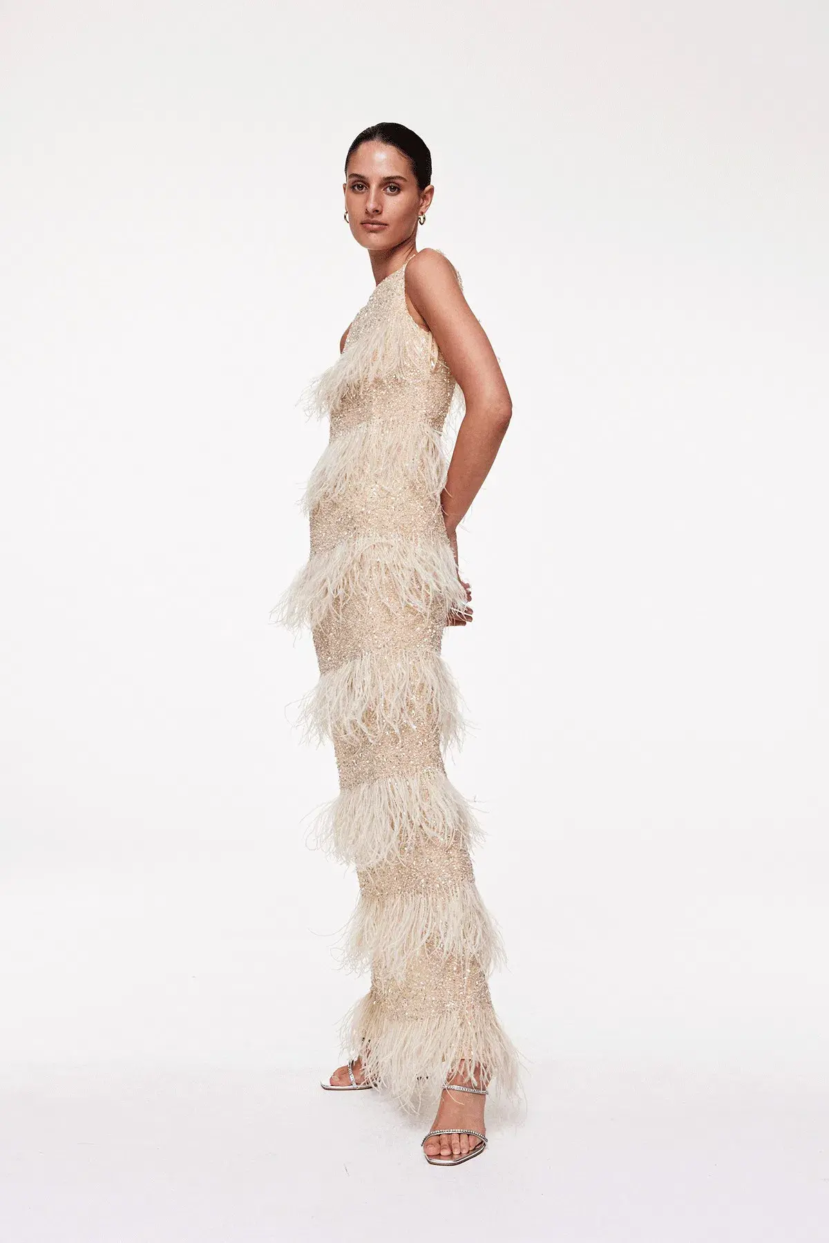 Rachel Gilbert Feathered Maxi Dress Beige Size 6 - Image 2