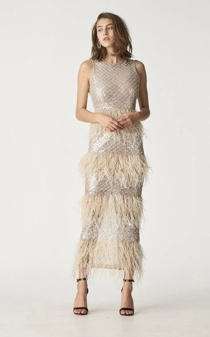 Rachel Gilbert Feathered Maxi Dress Beige Size 6 - Image 1