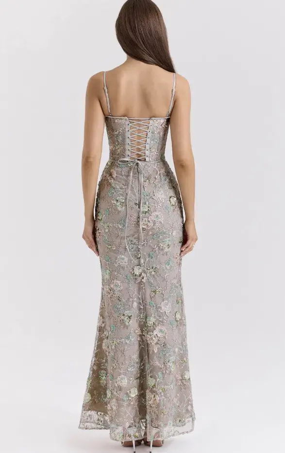 House of CB Naima Silver Embellished Beaded Corset Maxi Dress Regular Cup Size 8 - Image 2