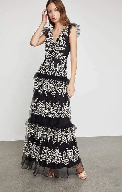BCBGMAXARIA Floral Vine Applique Gown Black & White Size XS / AU 6 - Image 1