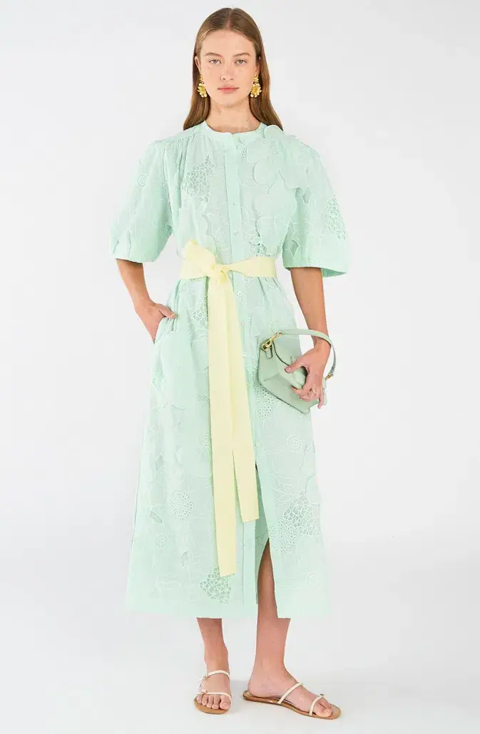 Oroton Lace Column Relaxed Midi Dress Sea Spray Green Size 16  - Image 2