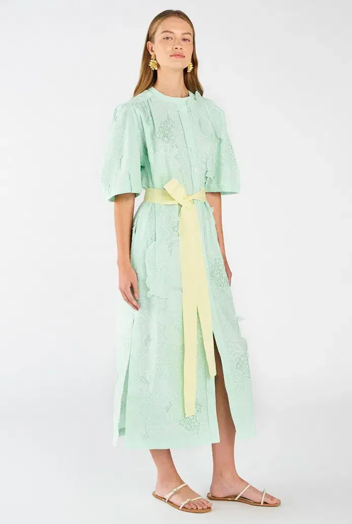 Oroton Lace Column Relaxed Midi Dress Sea Spray Green Size 16  - Image 1