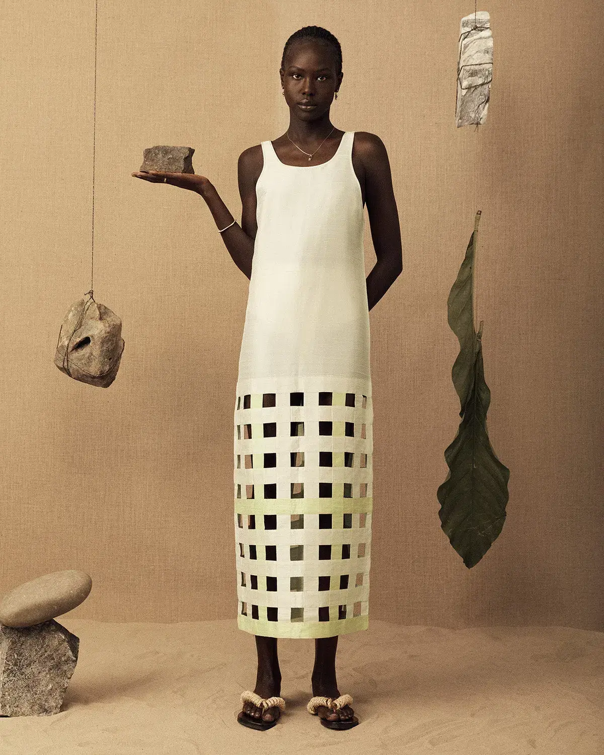 Lucy Folk Silk Long Grid Dress White Size 2/Au 10/Medium  - Image 1