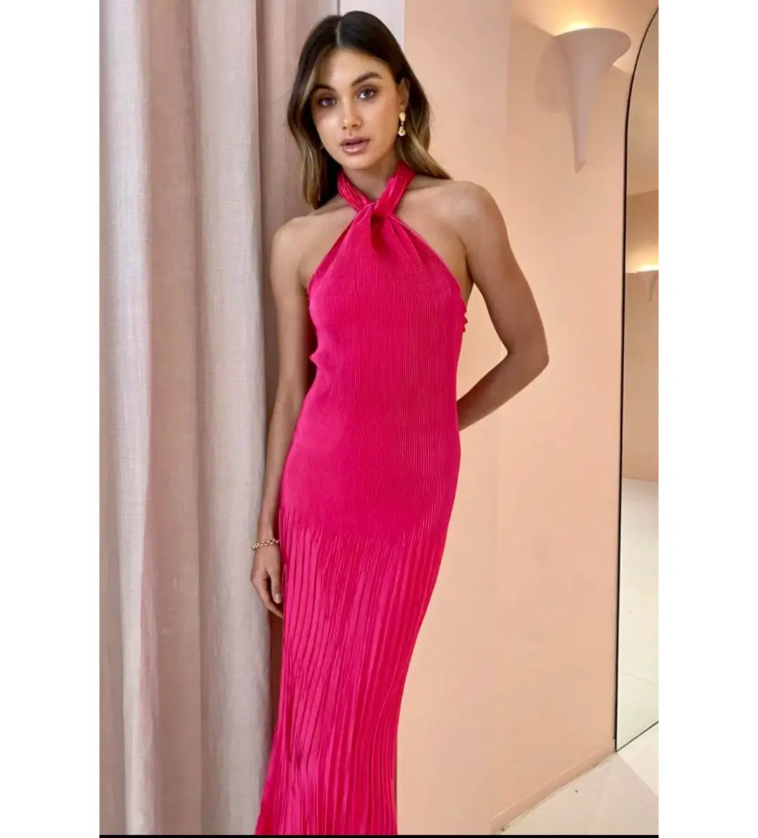 L'Idee Soiree Pleated Halter Gown Punch Hot Pink Size AU 12 for rent on The Volte - main image