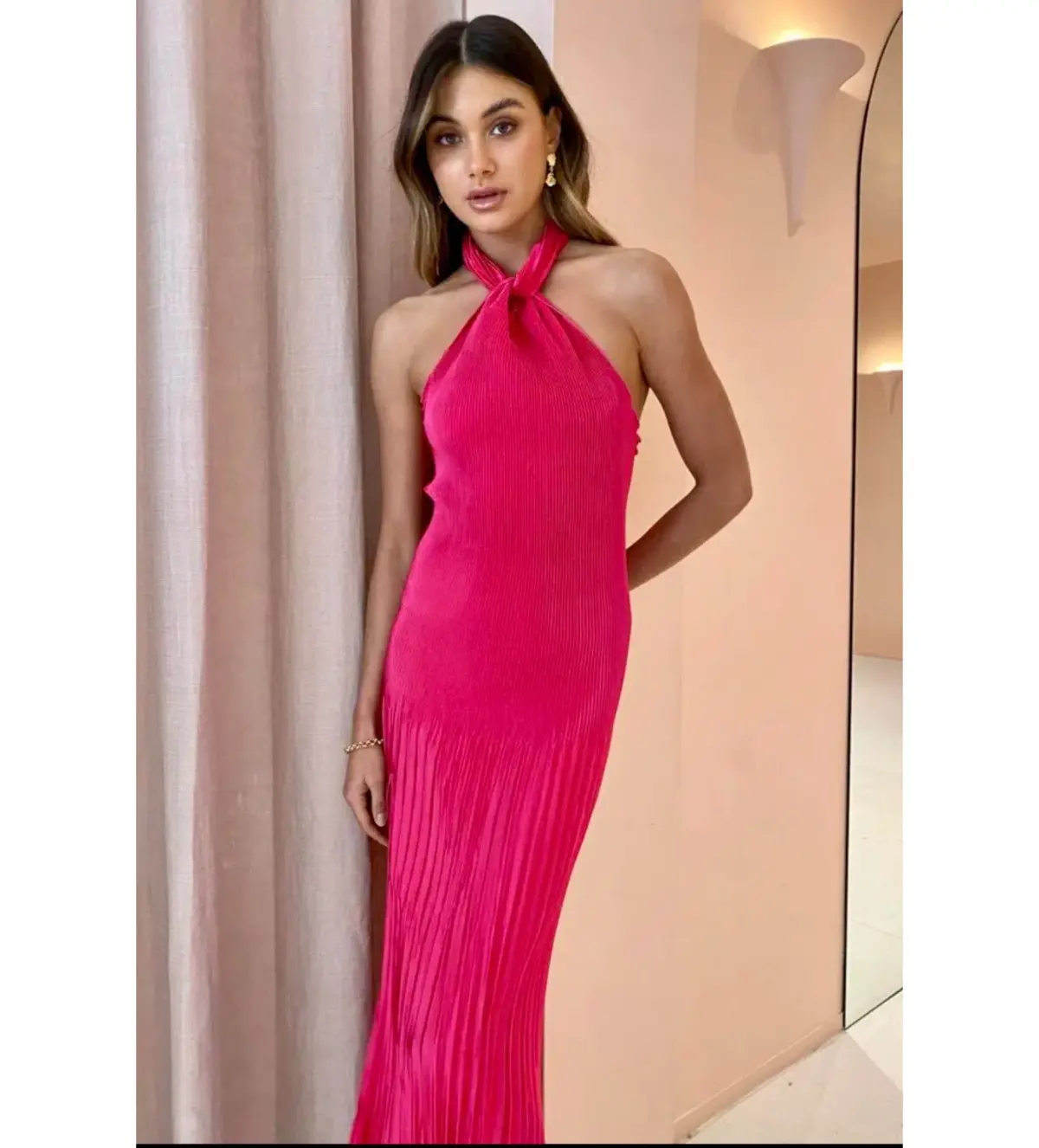 L'Idee Soiree Pleated Halter Gown Punch Hot Pink Size AU 12 - Image 7