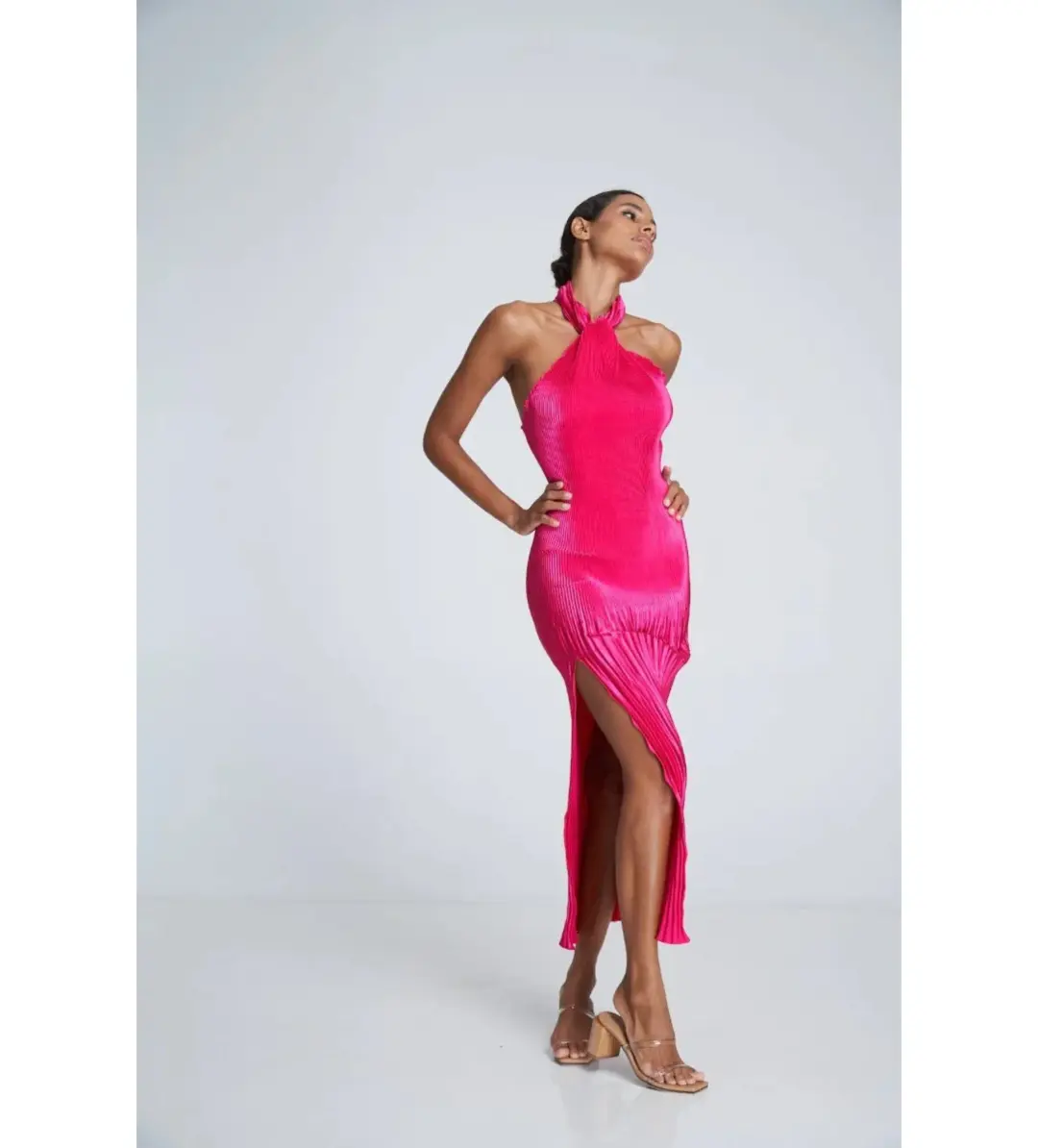 L'Idee Soiree Pleated Halter Gown Punch Hot Pink Size AU 12 for rent on The Volte - main image
