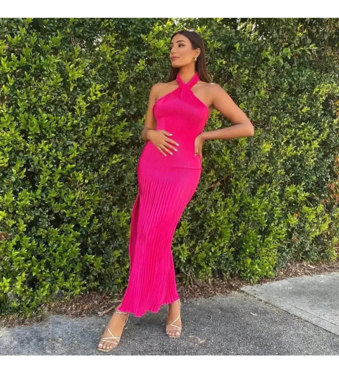 L'Idee Soiree Pleated Halter Gown Punch Hot Pink Size AU 12 for rent on The Volte - main image