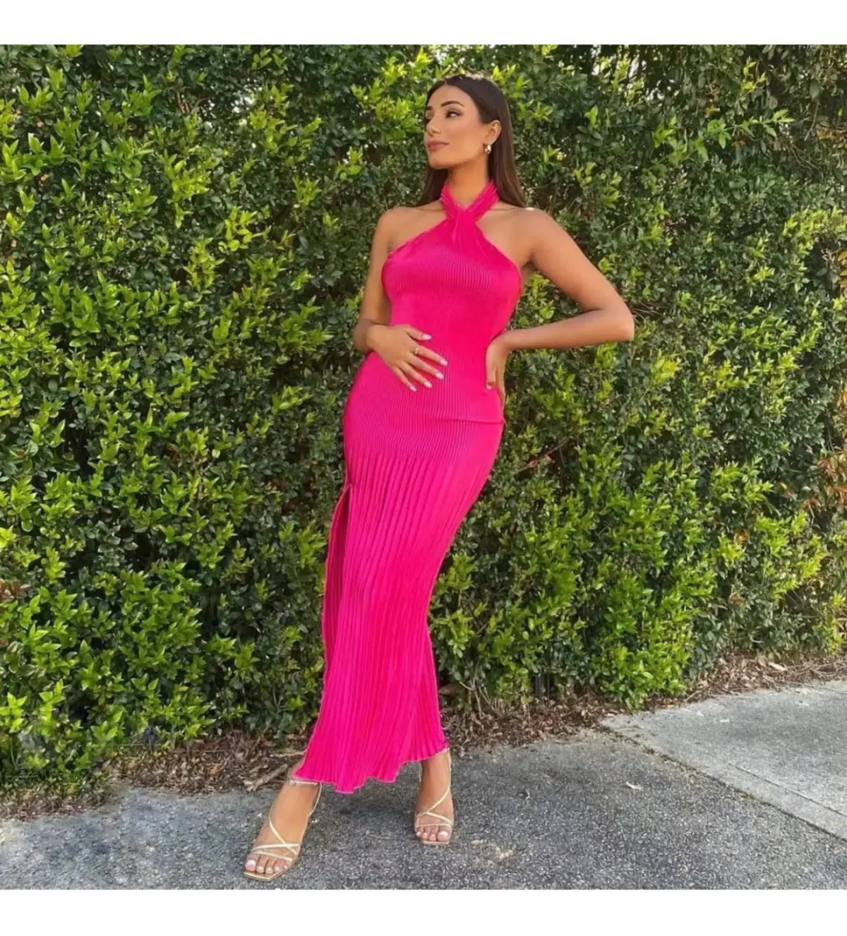 L'Idee Soiree Pleated Halter Gown Punch Hot Pink Size AU 12 - Image 6