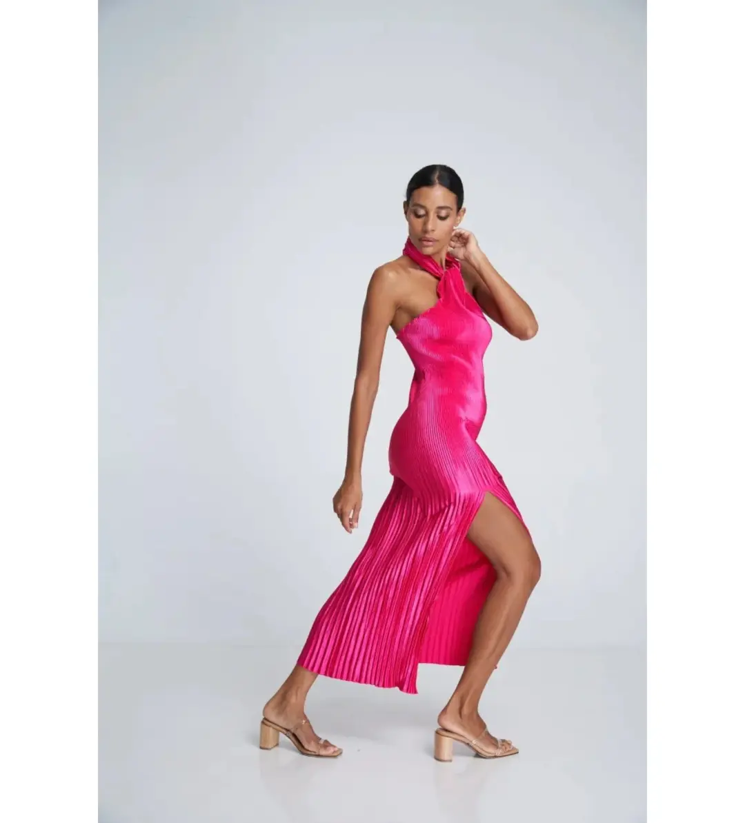L'Idee Soiree Pleated Halter Gown Punch Hot Pink Size AU 12 for rent on The Volte - main image