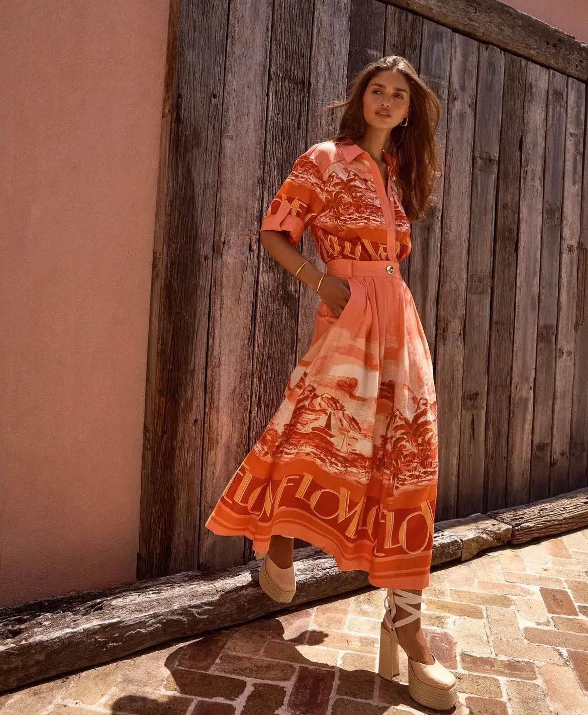 Sheike Love Boat Shirt & Skirt Set Midi Printed Orange Size 16 - Image 1