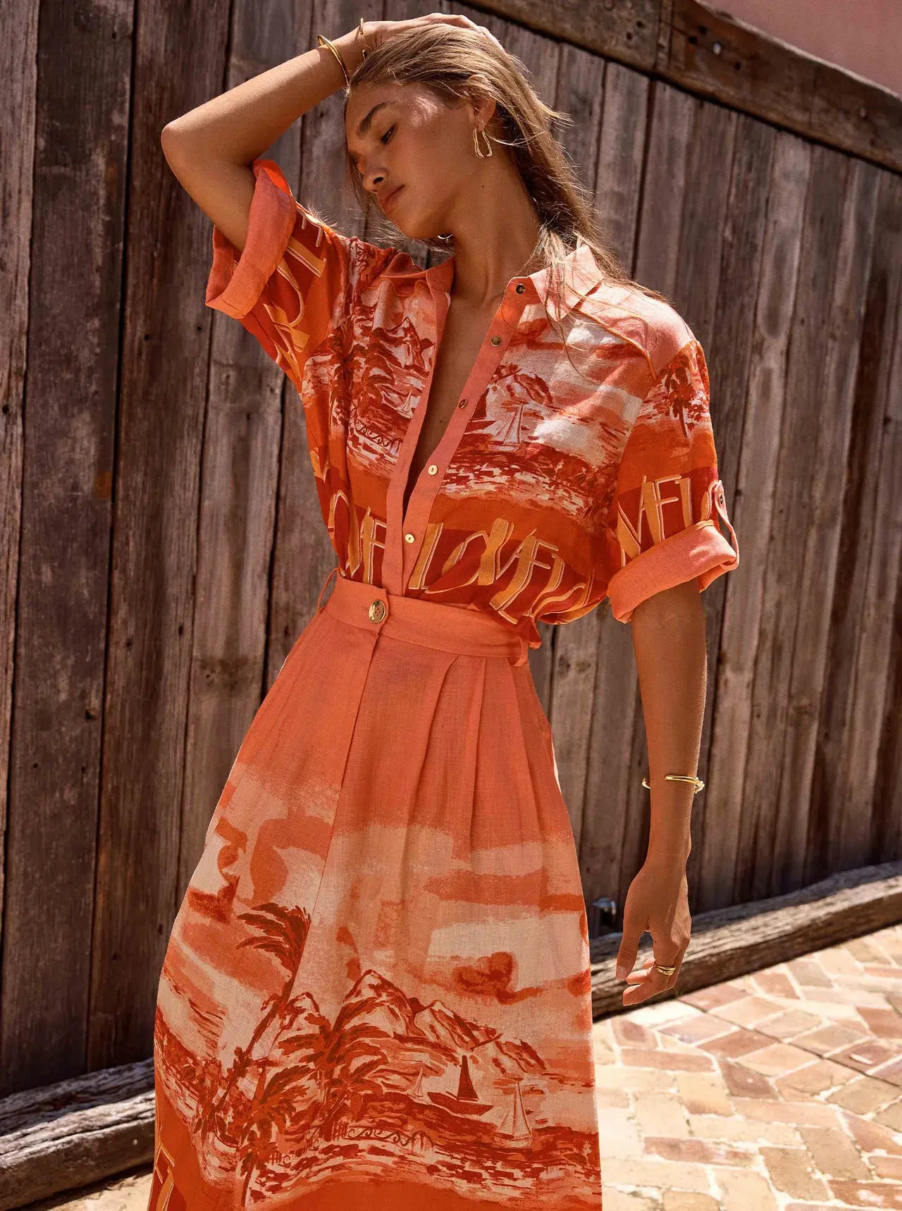 Sheike Love Boat Shirt & Skirt Set Midi Printed Orange Size 16 - Image 3