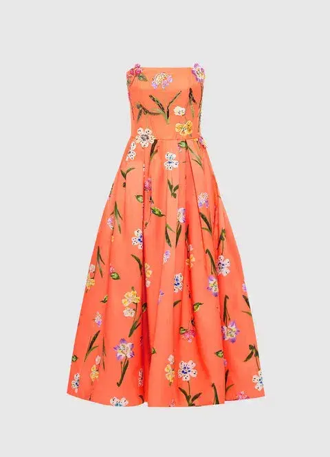 Leo Lin Lynn Bustier Midi Dress Coral Floral Size 14 - Image 4
