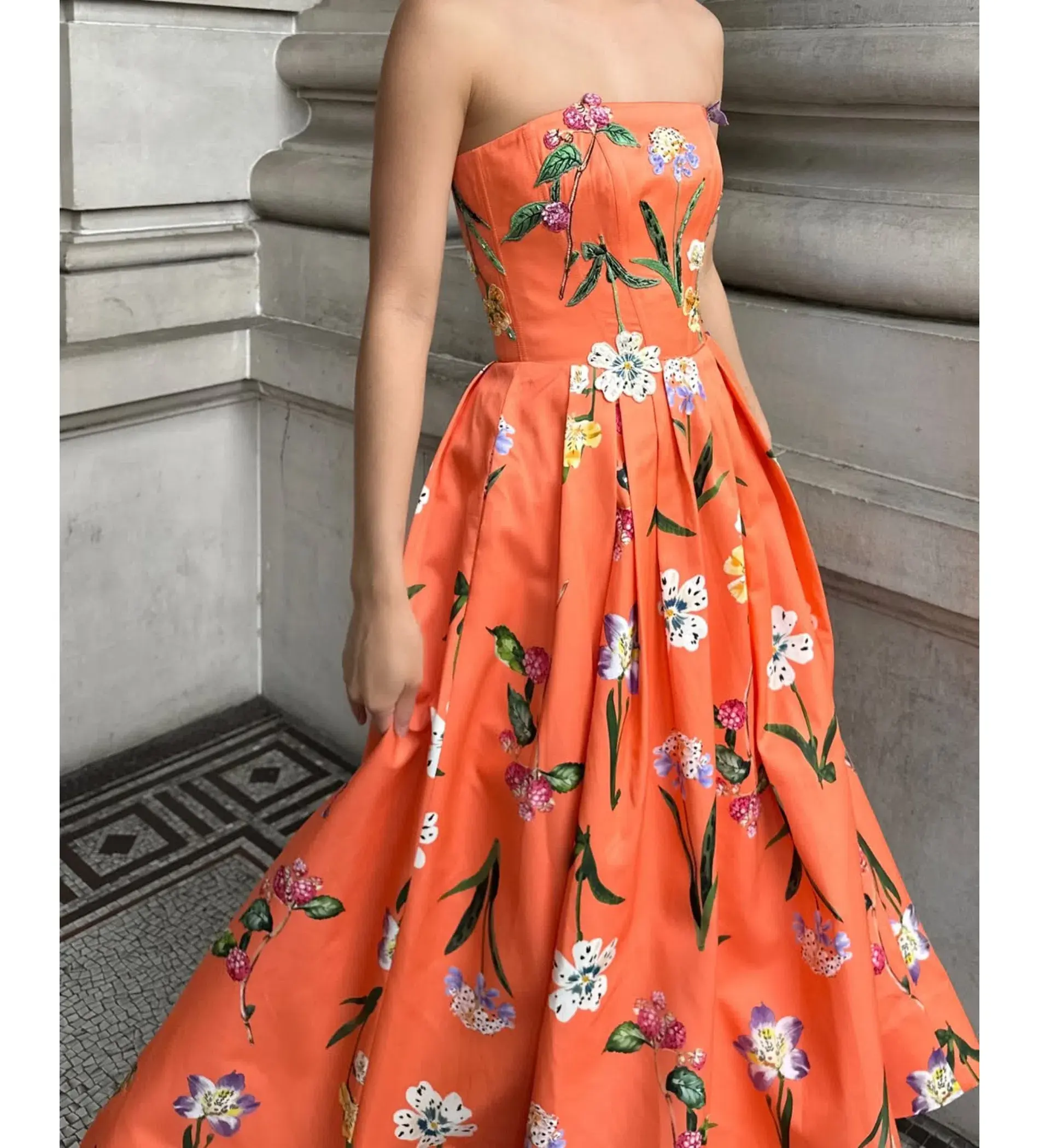 Leo Lin Lynn Bustier Midi Dress Coral Floral Size 14 - Image 2
