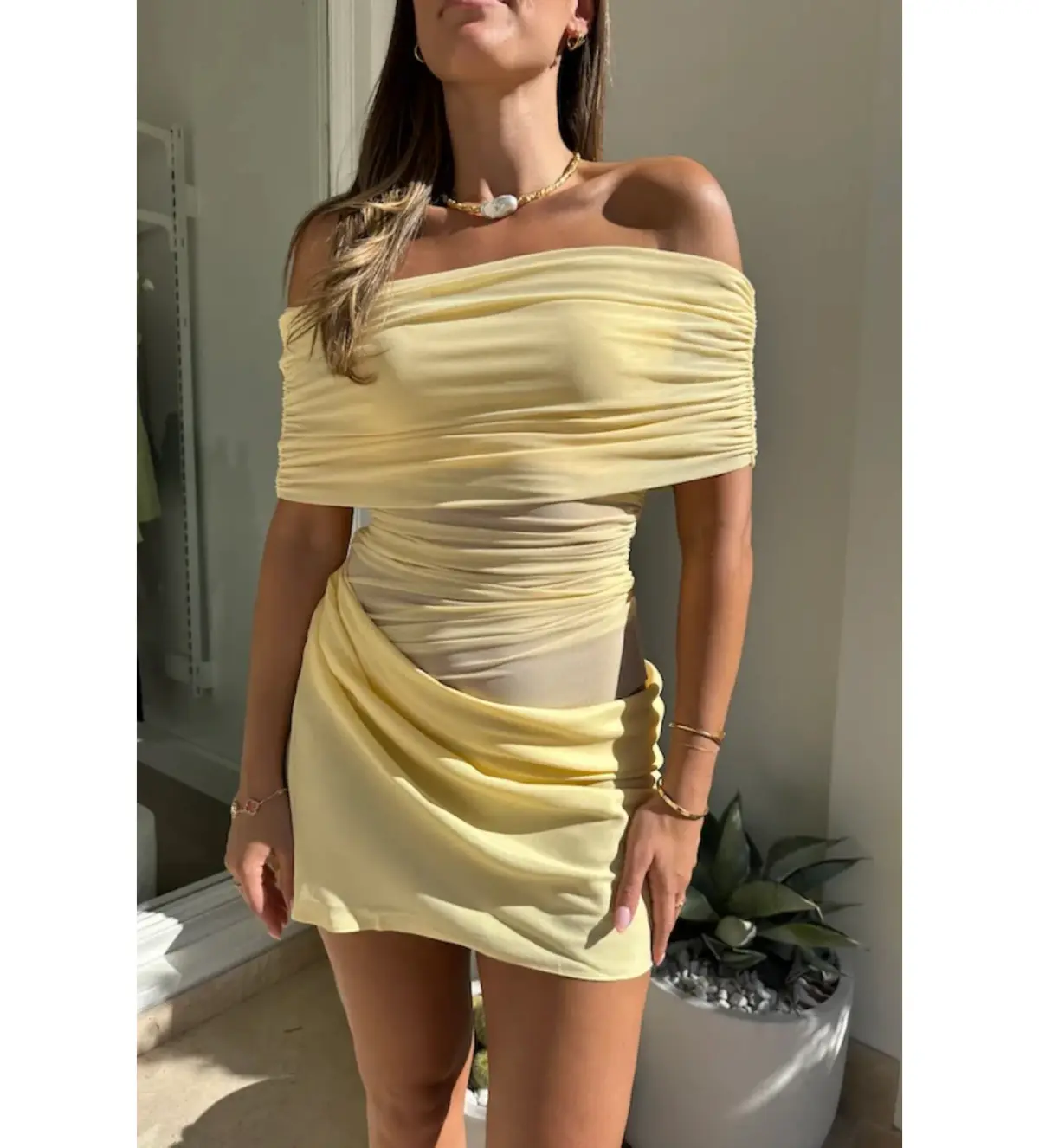 Benni Nico Off Shoulder Mini Dress in Butter Size S / AU 8 - Image 3