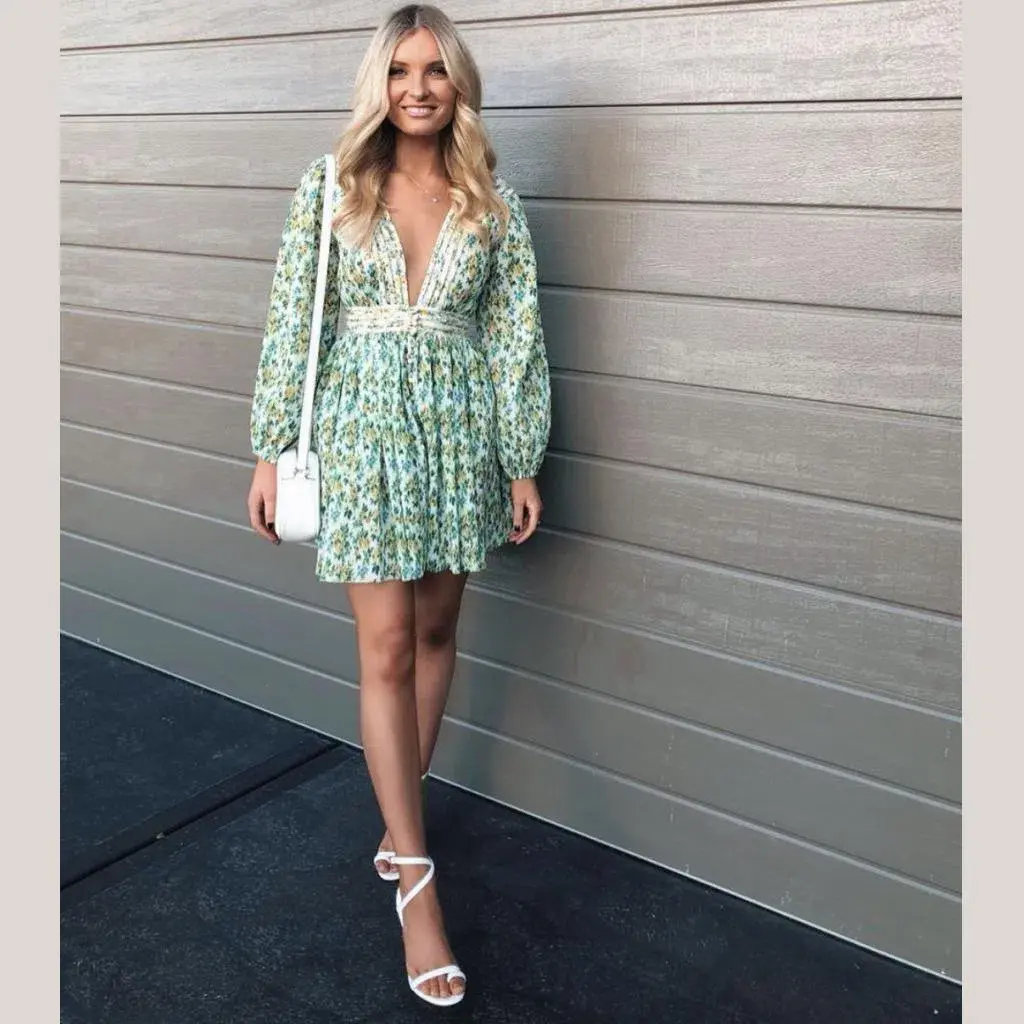 Zimmermann Golden Plisse Mini Green Floral Size AU 8 for rent on The Volte - main image