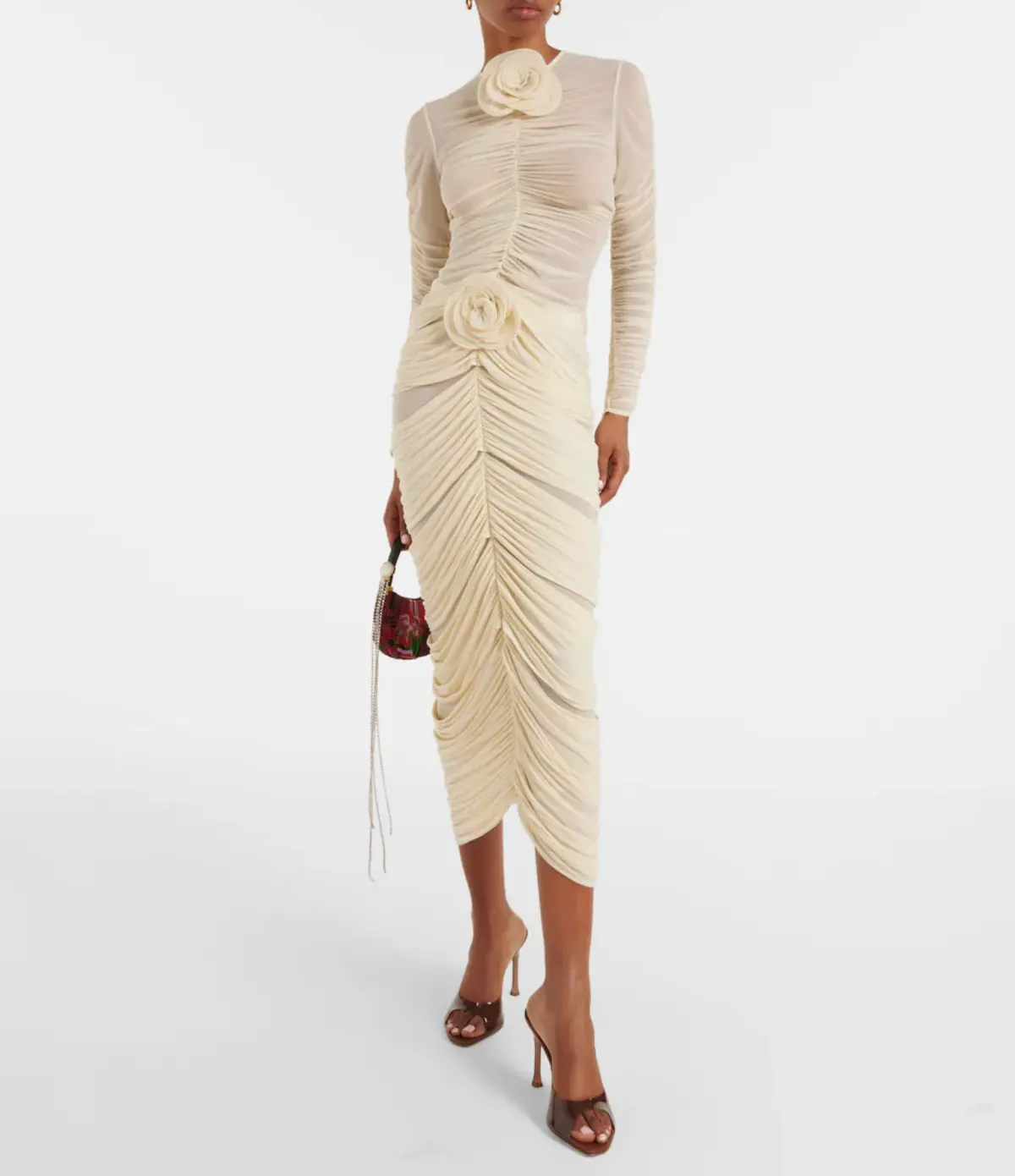 Magda Butrym Floral-Appliqué Ruched Midi Top and Skirt Set Cream Size 6 - Image 1