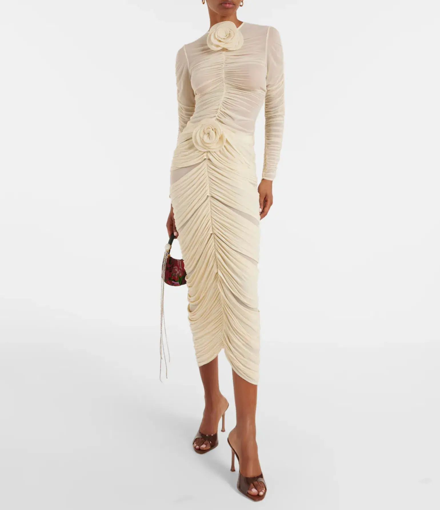 Magda Butrym Floral-Appliqué Ruched Midi Top and Skirt Set Cream Size 6 - Image 1