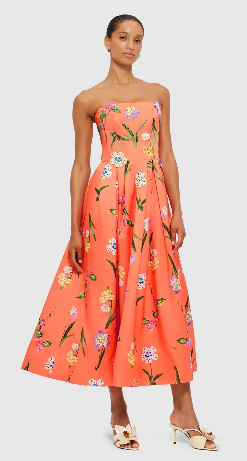 Leo Lin Lynn Bustier Midi Dress Wildflower Coral Size 12 for rent on The Volte - main image
