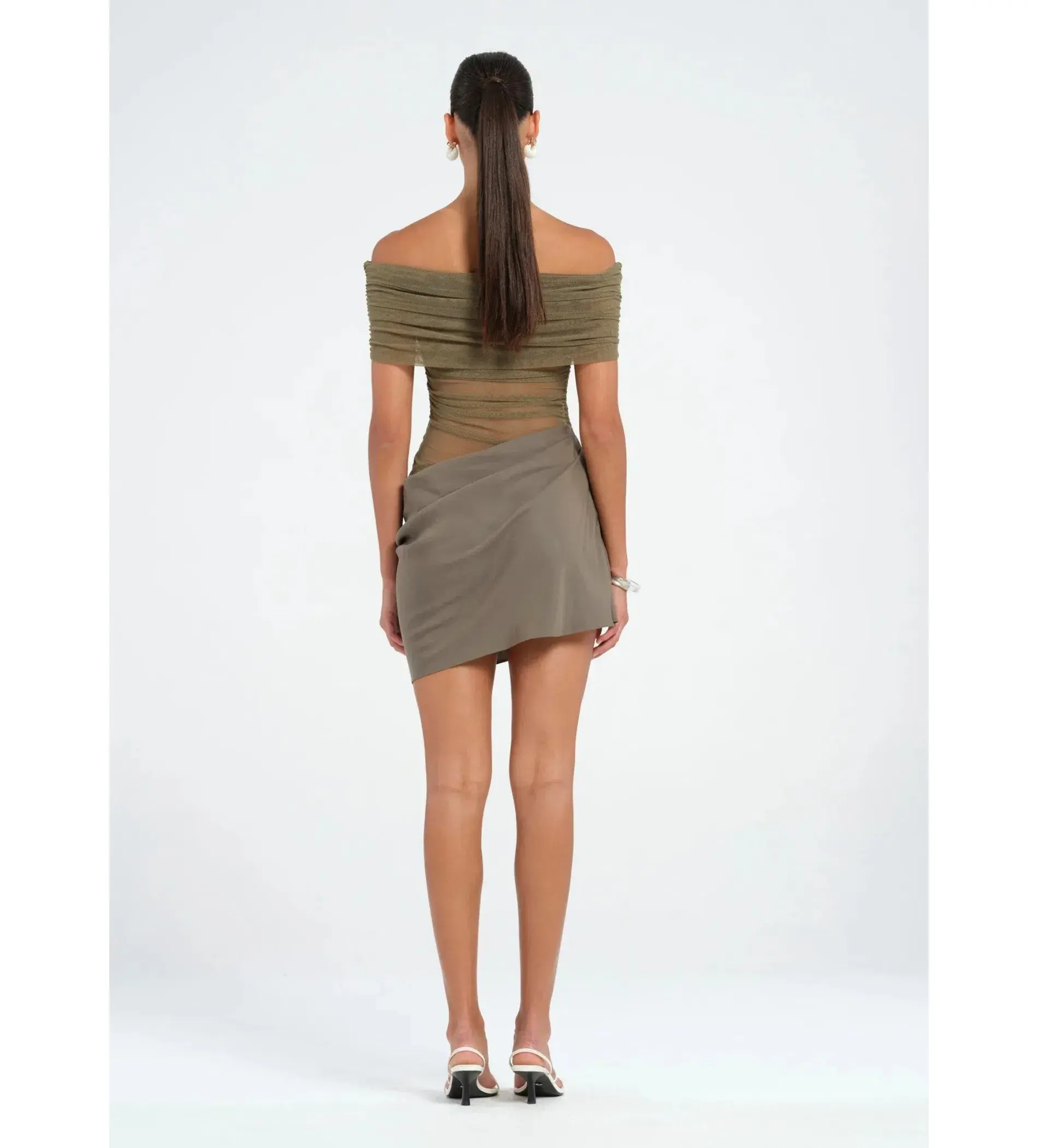 Benni Nico Off Shoulder Mini Dress in Khaki Size AU 8 - Image 3