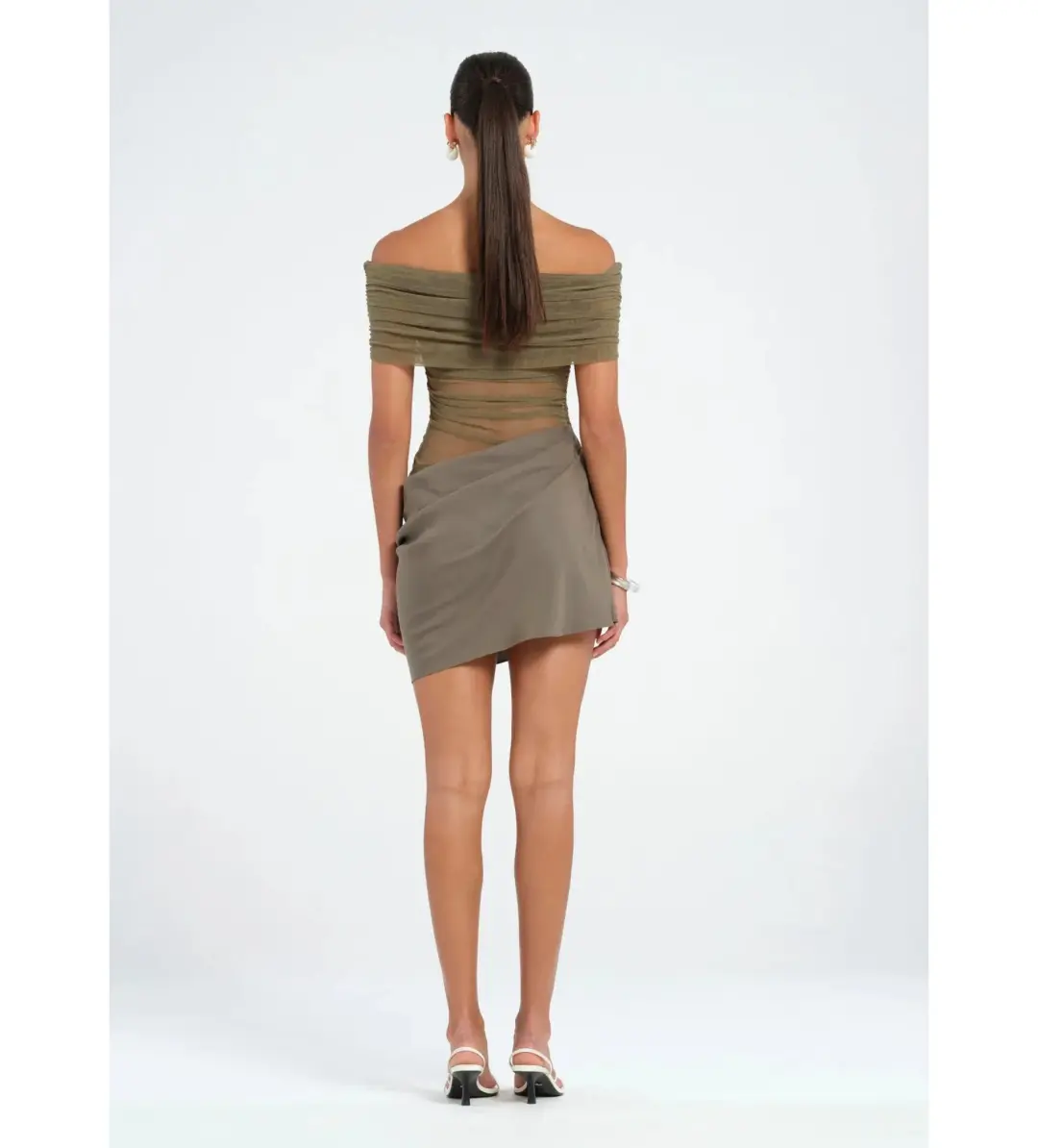 Benni Nico Off Shoulder Mini Dress in Khaki Size AU 10 for rent on The Volte - main image