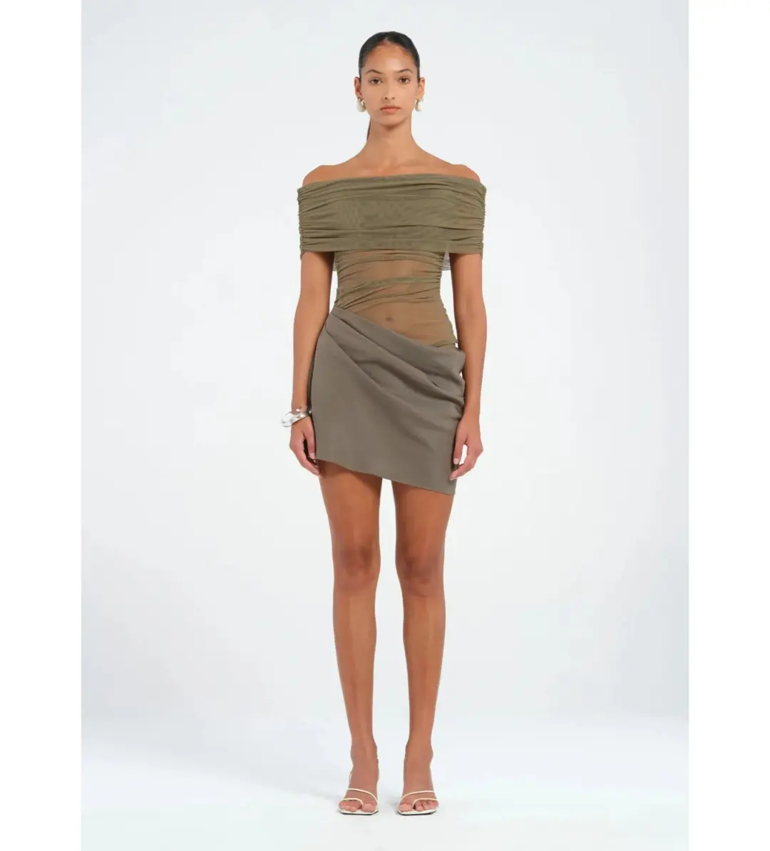 Benni Nico Off Shoulder Mini Dress in Khaki Size AU 10 for rent on The Volte - main image