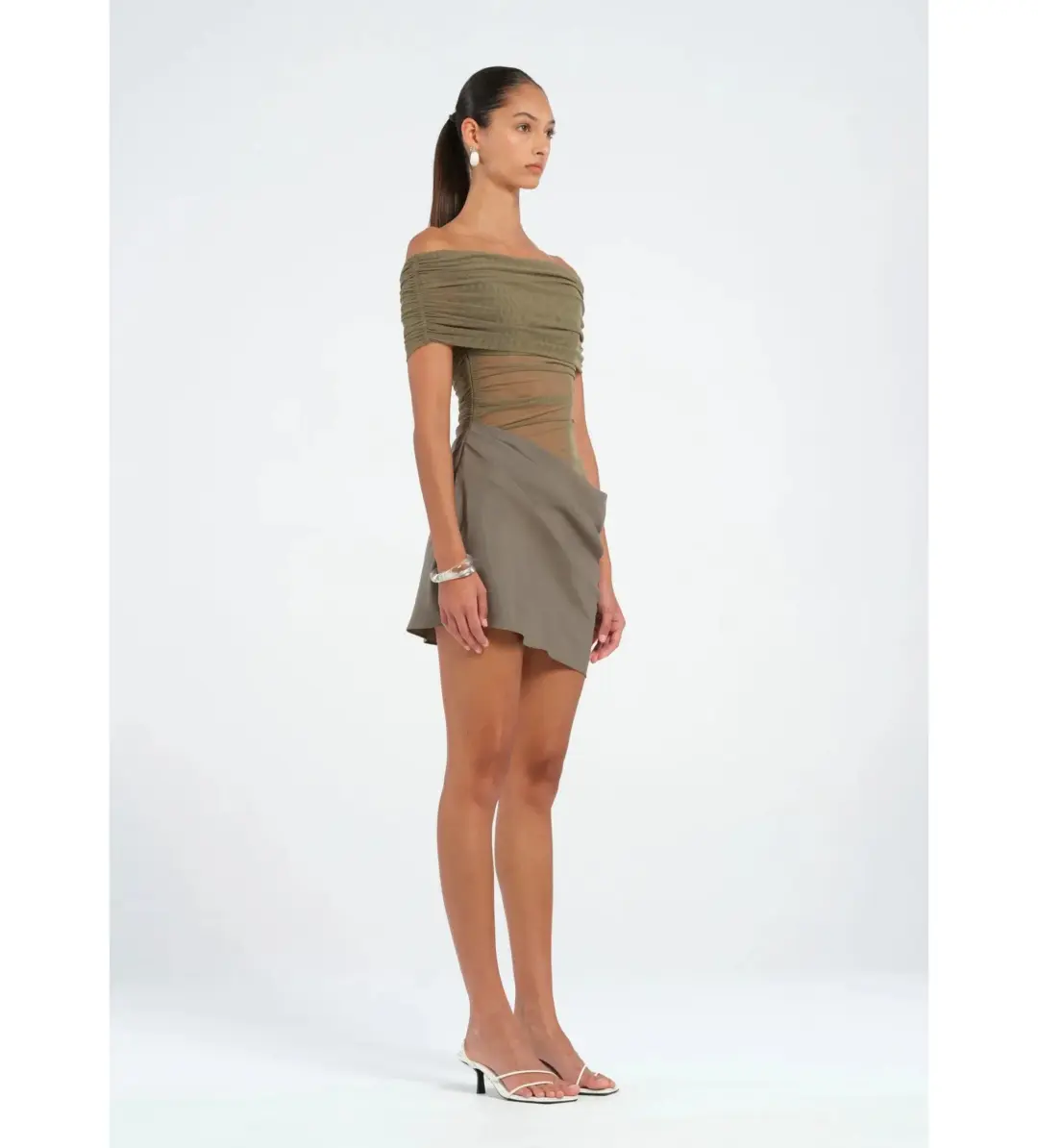 Benni Nico Off Shoulder Mini Dress in Khaki Size AU 10 for rent on The Volte - main image