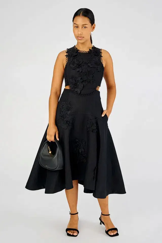 Oroton Lace Flower Midi Dress Black Size AU 6 - Image 2