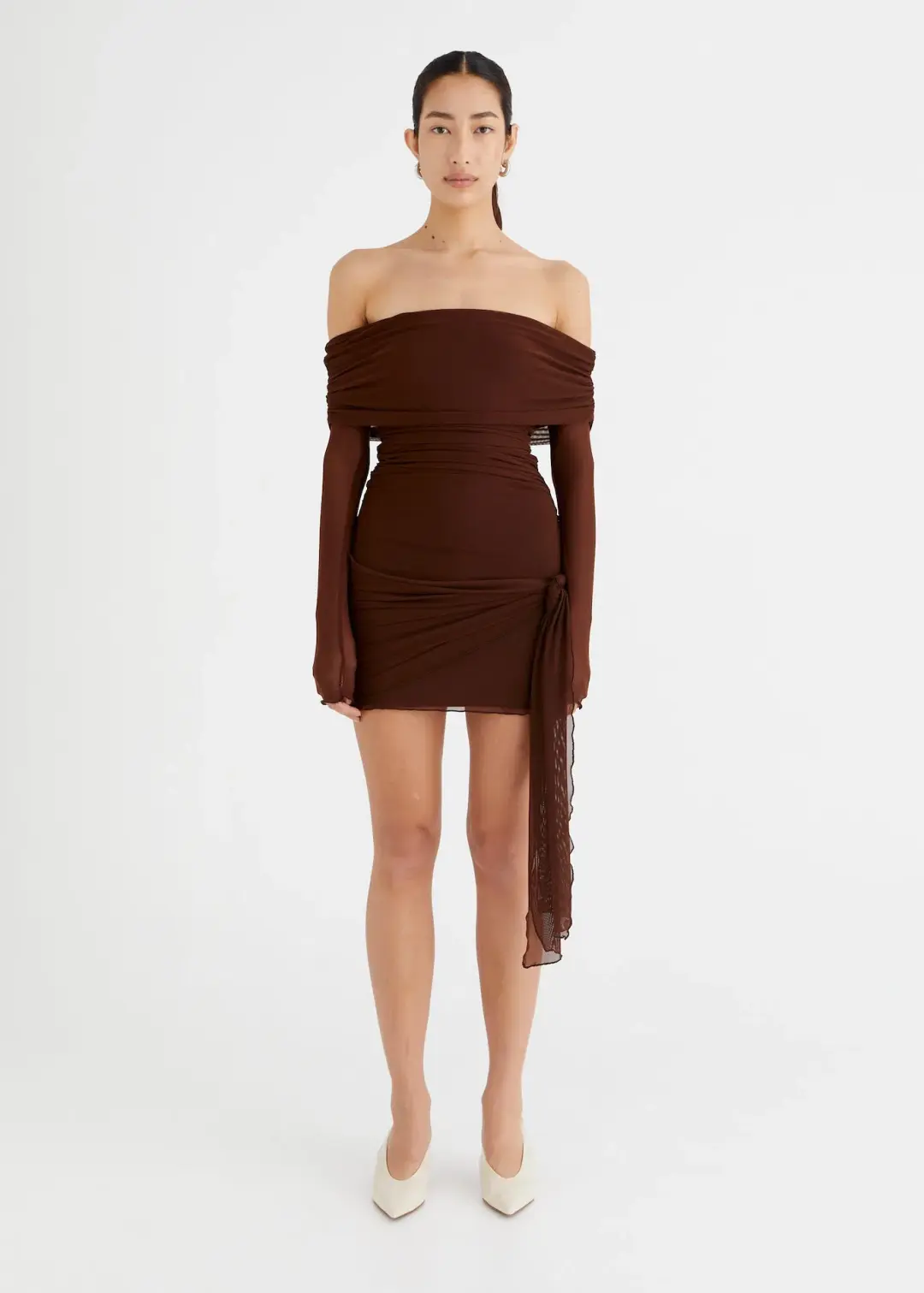 Benni Yasmin Off Shoulder Mini Dress Cacao Brown Size XS / AU 6 for rent on The Volte - main image