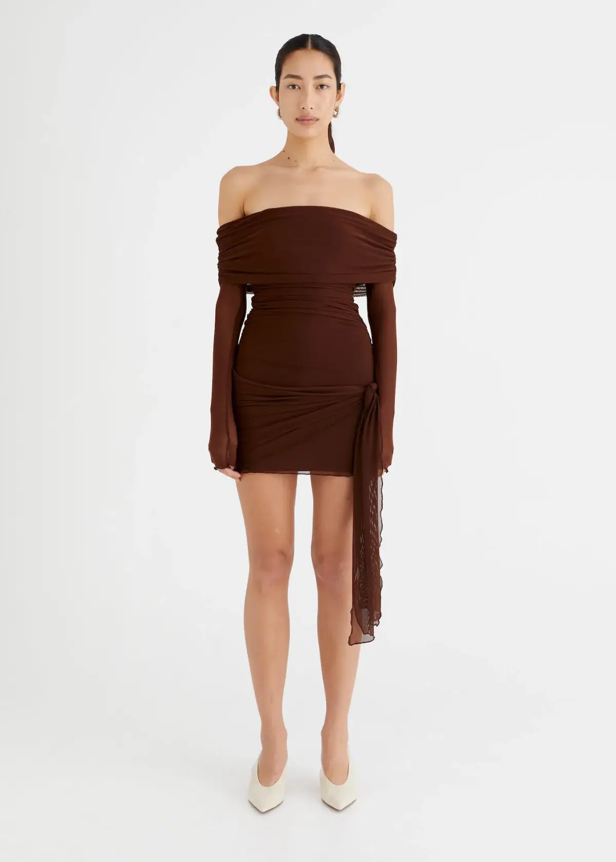 Benni Yasmin Off Shoulder Mini Dress Cacao Brown Size XS / AU 6 - Image 1
