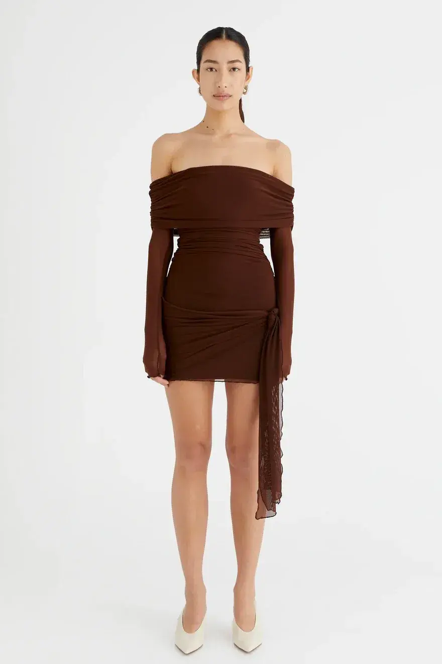 Benni Yasmin Off Shoulder Mini Dress Cacao Brown Size XS / AU 6 - Image 4