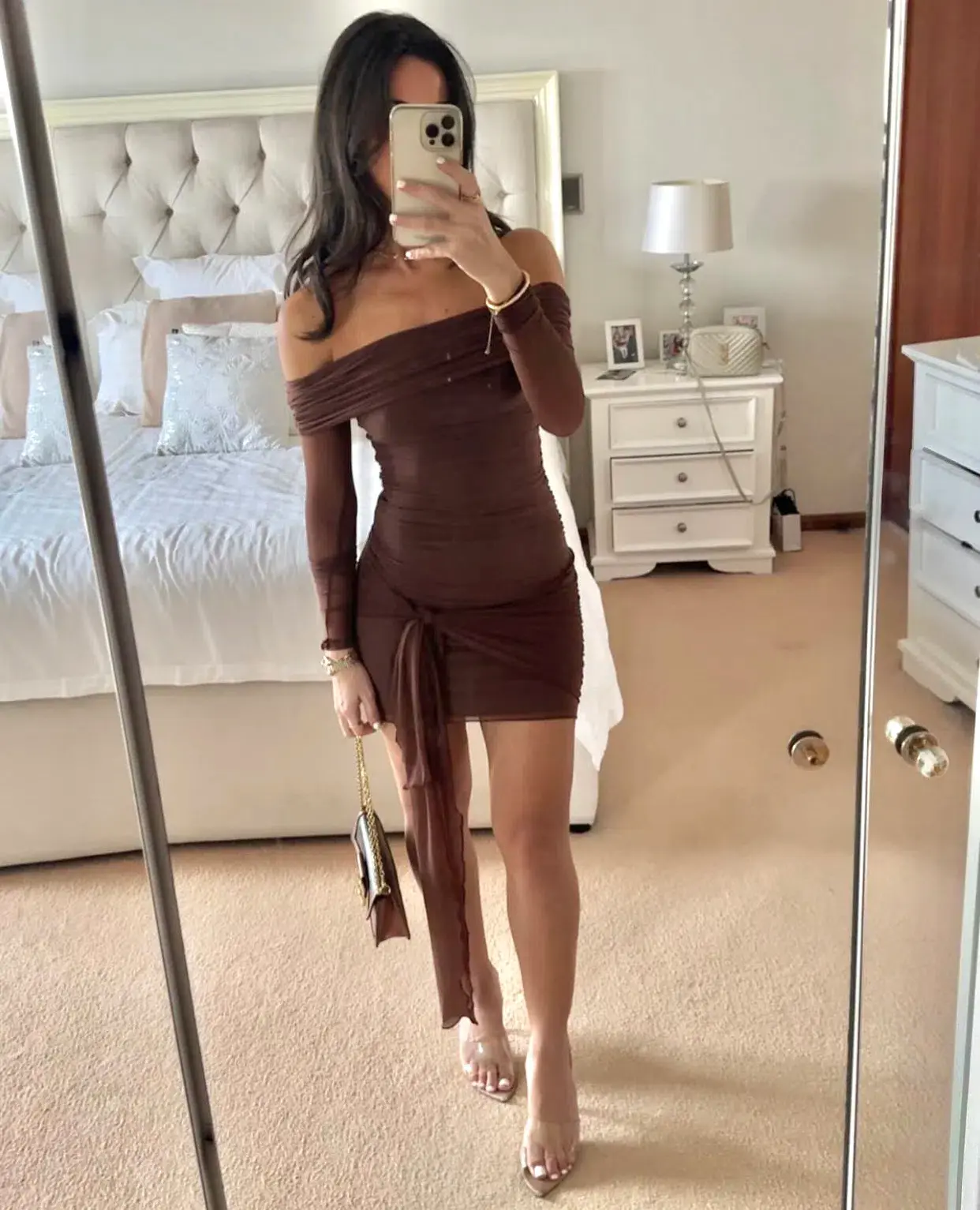 Benni Yasmin Off Shoulder Mini Dress Cacao Brown Size XS / AU 6 - Image 3