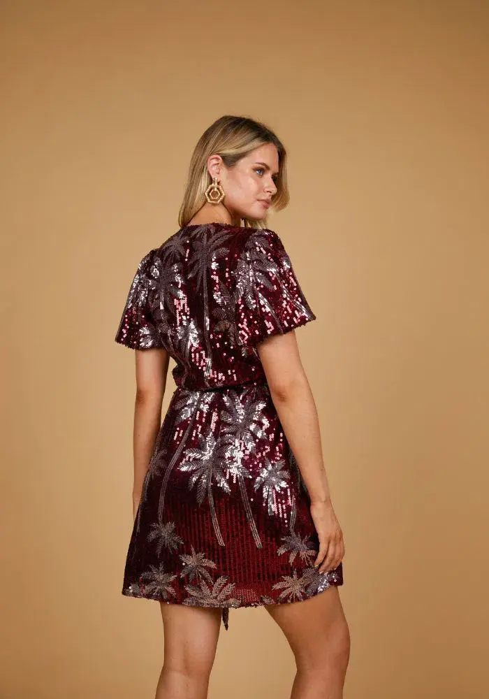 Nine Lives Bazaar Margarita Sequin Wrap Mini Dress Palm Tree Sequin Print Size AU 12 - Image 2