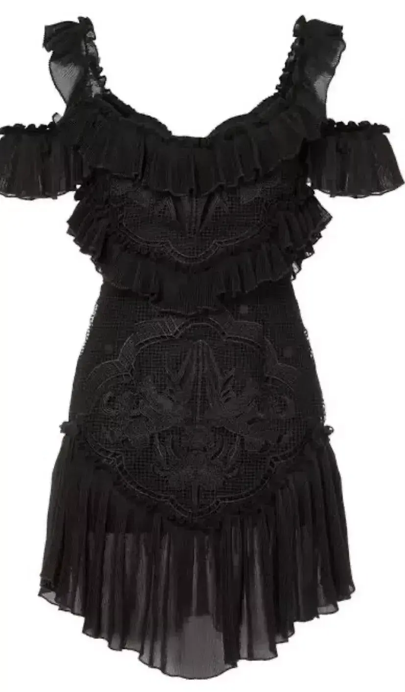 Alice McCall Lace Lovebirds Off The Shoulder Mini Dress Black Size 8 for rent on The Volte - main image
