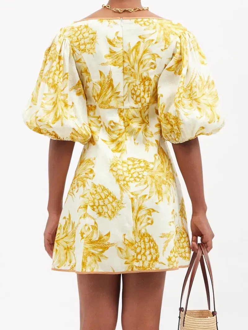 Zimmermann Postcard Empire Printed Linen Mini Dress in Cream Gold Pineapple Print Size 2 / AU 12 - Image 3