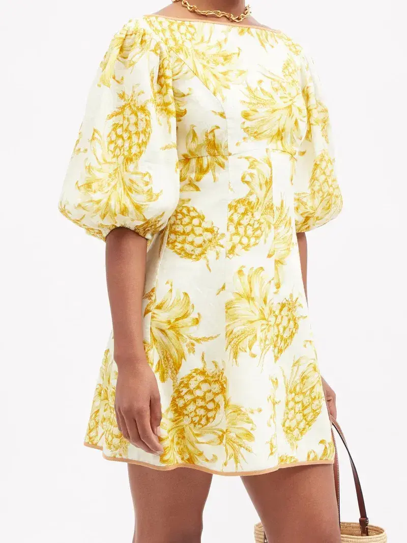 Zimmermann Postcard Empire Printed Linen Mini Dress in Cream Gold Pineapple Print Size 2 / AU 12 - Image 2