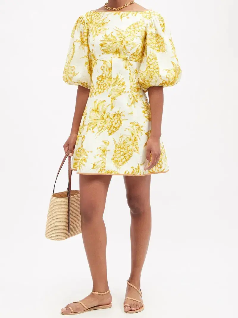 Zimmermann Postcard Empire Printed Linen Mini Dress in Cream Gold Pineapple Print Size 2 / AU 12 - Image 1