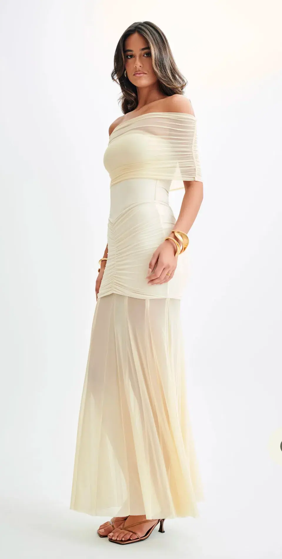 Meshki Caspian Slinky Mesh Off Shoulder Maxi Dress Ivory Size 6 - Image 5
