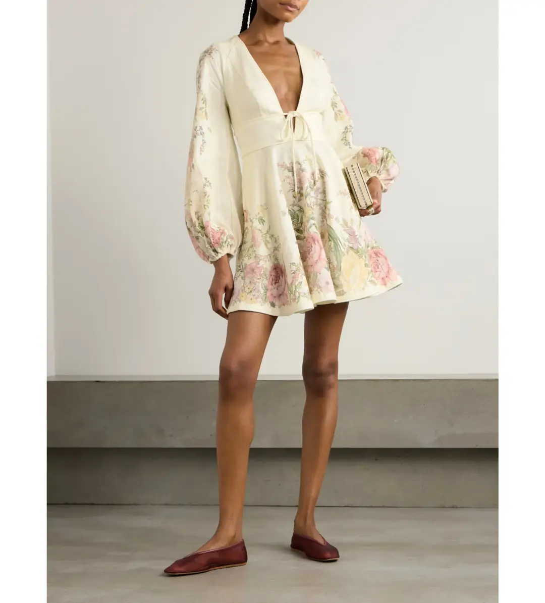Zimmermann Waverly Plunge Tie-detailed Floral-print Linen Mini Dress Floral Size 0/Au 8 for rent on The Volte - main image